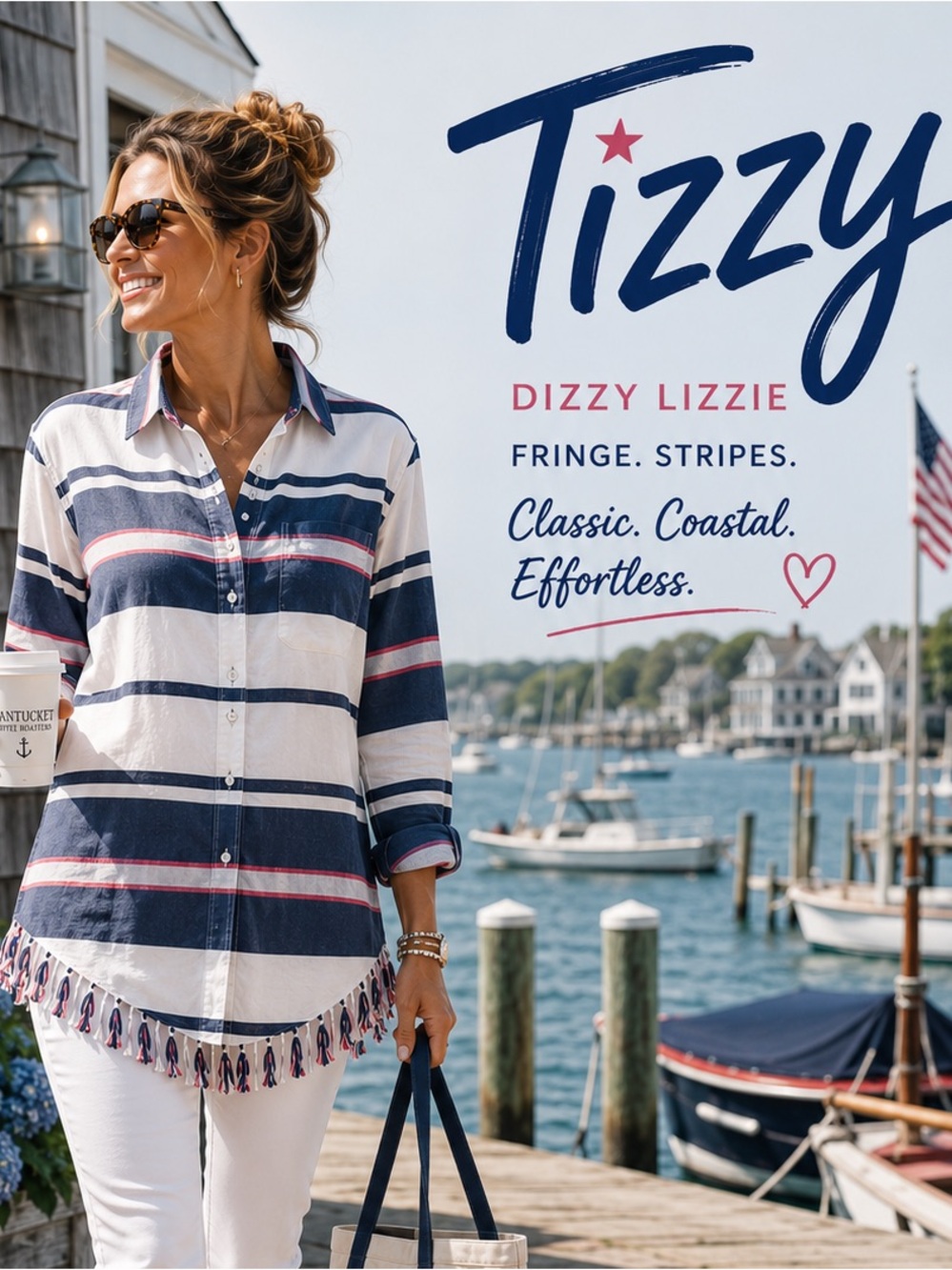 Dizzy-Lizzie Tizzie Fringe  Shirt Coastal Nautical Stripe Button-Front Size L